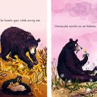 Illustration eines Bären in verschiedenen Szenen: Beeren sammelnd, über Hasen gebeugt, Löwenzahn essend, vor einer Höhle.