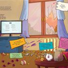 Ein Raum mit zersplittertem Glas, Blutspuren, einem halben Apfel, einer Brille und einem halb getrunkenen Becher Tee.