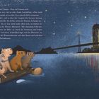 Text: „Tristan“, rief Emmy. „Pass auf Francis auf!“ 
Illustration: Vier Wasserschweine treiben auf Baumstamm vor nächtlicher Stadtkulisse mit Brücke.