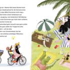 Text: Ein Gespräch über Sonnencreme und "Zauberpinsel".  
Illustration: Drei Affen unter einem Baum, bei einem Ausflug mit Fahrrädern.