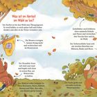 Text beschreibt, wie sich Tiere im Herbst verhalten. Illustration mit Bäumen, Tieren und fallenden Blättern.