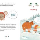 Text: "Wartet! STOPP!", "6. Die Rettung", "Mamaaa! Hilfe! Helft mir!". Zeichnung: Maus Moritz, Bär und Fuchs im Schnee.