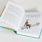 Text: „Vielleicht sollte ich erwähnen, dass Bobba... wie eine bemooste Anakonda.“ Illustration: Ein Hund zieht an einem großen Ast.