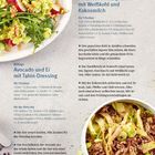 Mittags: Avocado und Ei mit Tahin-Dressing. Abends: Asiatische Hackpfanne. Links: Salatbild, rechts: Hackfleischgericht.