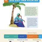 "4 DIE ZEIT DER RICHTER" oben. Unter einem Baum sitzt eine Person in blauem Gewand. Grafik: Zeitstrahl unten.