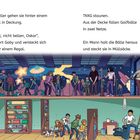 Texte beschreiben eine Szene im Keller und das Staunen über Golfbälle. Oben Leute im Neon-Minigolf, unten Figuren hinter Regalen.