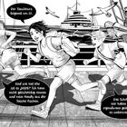 Drei Personen rennen auf einem Steg. Im Hintergrund ein Schiff und Möwen. Sprechblasen mit Text: "Der Tauchkurs beginnt um 12."