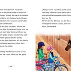 Seitenzahlen, Dialoge und Erzähltexte. Illustration: Zwei Mädchen mit Fahrrädern vor einer Pferdebox; Pony schaut heraus.