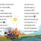 Texte mit Bildern: Meister Eder und Pumuckl fahren mit dem Fahrrad zum See. Sonne, Bank, Eis. Beide genießen Eis im Park.