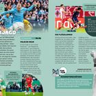 Text: „AUF TORJAGD“, „FALSCHE NEUN“, „DIE FLÜGELZANGE“. Thema: Fußballstrategien, Spielerfotos, Spielpositionen.
