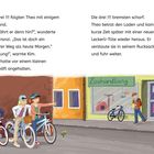 Texte: Die drei !!!, Zoohandlung. Drei Mädchen mit Fahrrädern beobachten einen Jungen vor einem Tierladen.