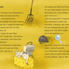 "Pferdeliebe" und Textpassagen über einen gestohlenen Pokal, Fingerabdrücke, und Gespräche in einer Reithalle. Darstellung: Illustration mit lila Stiefeln, einem Eimer und einer Katze auf einem Heuballen.