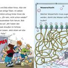 Texte: "RUMMS!", "Wasserschlacht", Nummerierte Wasserhähne. Links Comic mit Kindern. Rechts Leitungen zur Waschmaschine.