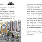 Text über einem Gebäude: „Rätselmeister“. Drei Jungen gehen eine Treppe zum Polizei-Eingang hoch.