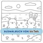 "AUSMALBUCH VON ViviTinta" vor einem Landschaftsbild mit einem Hasen und einer Katze auf einer Wiese mit Blumen.