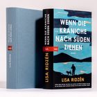 "Wenn die Kraniche nach Süden ziehen" von Lisa Ridézn. Illustration: Mensch mit Hund vor blauem Hintergrund.