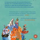 Text: Überblick über Geschichte von frühen Menschen bis zur Ukraine. Darunter Illustrationen mit historischen Motiven und Symbolen.