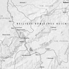 „Katharer im Rheinland“ oben rechts. Karte vom Heiligen Römischen Reich mit Städten und Klöstern, umgeben von Grenzen.