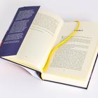 Ein aufgeschlagenes Buch mit gelbem Lesebändchen. Links lange Textpassage, rechts Kapitel 2, Seitenzahl 22-23.