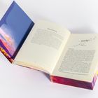 Links: Tagebucheintrag, rechts: KAPITEL 1 Hanna, Vögel-Illustration. Buch mit blauem Einband, gold-gelb, rosa Landschaft.