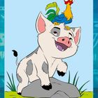 Illustration eines fröhlichen Schweins mit einem bunten Hahn auf dem Kopf, umgeben von Gras und Felsen.
