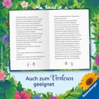 Text: "Auch zum Vorlesen geeignet". Hintergrund: Grüne Blätter, bunte Blumen, aufgeschlagenes Buch mit Text. Ravensburger Logo.