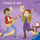"Tristan & Mel", "ab 8", Ravensburger-Logo. Ein Junge mit Gitarre und ein Mädchen mit Mikrofon fröhlich tanzend.
