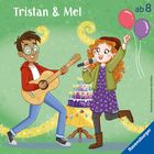 "Tristan & Mel" und "ab 8". Zwei Kinder feiern mit Gitarre und Mikrofon vor einem bunten Geburtstagskuchen.