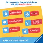 Text: "Ravensburger Pappbilderbücher für alle Bedürfnisse: Mitmachen, Alltag, Spracherwerb, Wissen & Lernen, Vorlesen, Klassiker. Achte auf diese Symbole!" Bunte Symbole und fröhliche Farben.