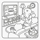 Auf dem Fernseher steht "Little Things." Illustration von niedlichen Tieren, die auf Sofas sitzen und fernsehen.