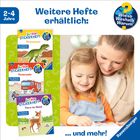 "Weitere Hefte erhältlich: 2-4 Jahre. Draußen ein Logo. Eine lachende Frau liest mit einem Kind."