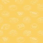 Eine Illustration mit verschiedenen handgezeichneten Speisen auf gelbem Hintergrund.