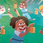 Illustration von fröhlichen Tieren in blauer Kleidung, die Glocken hochhalten, auf grünem Hintergrund.