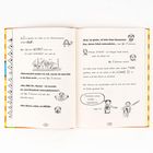 Zwei Buchseiten mit Illustrationen. Dialoge über Schule und Missgeschicke. Humorvolle Zeichnungen ergänzen den Text.