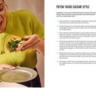 PUTEN-TACOS CAESAR-STYLE, Rezeptanleitung links; Frau hält Taco rechts, strahlend, grüner Pullover, Teller in Hand.