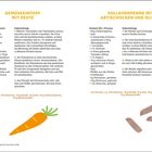 "Gemüseeintopf mit Pesto" und "Vollkornpenne mit Artischocken und Oliven". Rezeptdetails links und rechts. Karotte und Nudeln illustriert unten.