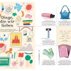 "Dinge, die wir lieben. Es sind die besonderen Dinge, über die wir uns am längsten freuen. Zum Beispiel diese hier." Eine Illustration kombiniert mit Fotos von Produkten, die verschiedene Gegenstände wie einen Regenschirm, eine Tasche und Sonnenbrillen darstellen.