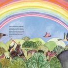 Text: "Und so kam es auch. Jedes Mal, wenn Noah und seine Familie einen Regenbogen am Himmel sahen..."

Ein Regenbogen überspannt Tiere wie Elefant, Zebra und Vogel in bunter Landschaft.