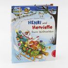 „Henri und Henriette feiern Weihnachten“. Illustration: Tiere rodeln auf einem Schlitten, umgeben von Geschenken im Schnee.