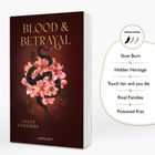„BLOOD & BETRAYAL“, „AYLIN SAREMBE“, „SPICE-LEVEL“, „Slow Burn“, „Hidden Heritage“, „Touch her and you die“, „Rival Families“, „Poisoned Kiss“. Ein schwarzer Schlangenring um rosa Blumen auf rotem Hintergrund.