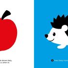 Lecker, ein Apfel! Piek! Babys hören gern vertraute Stimmen. Links ein roter Apfel, rechts ein schwarzer Igel auf blauem Grund.