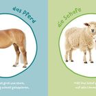 Links: "der Igel", "Pieks! Der Igel hat spitze Stacheln." Rechts: "das Eichhörnchen", "knabbert kleine Kerne. Lecker!"