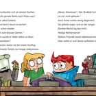 Seitenzahlen 16, 17. Drei Figuren, stilisiert: ein Brokkoli-Zombie, Mädchen und Junge, lesen an einem Tisch voller Bücher.