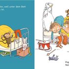 Links: "Juli kann nicht einschlafen, weil unter dem Bett wahrscheinlich ein Fuchs ist." Rechts: "Papa sieht nach. Nein. Ein Fuchs ist da nicht." Ein Kind im Bett, Papa sucht.