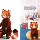 Zwei rotbraune Pandas in farbenfroher Illustration: Einer steht wütend, der andere in der Badewanne mit Spielzeug.