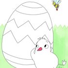 Ein Küken lehnt an einem großen Ei mit Zickzackmuster. In der Nähe fliegt eine Biene. Der Hintergrund ist grün.