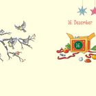 Text: "16. Dezember". Illustration: Vögel auf einem verschneiten Ast; Geschenkbox mit der Zahl 16, Deko und Zweigen.
