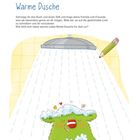 "Warme Dusche. Schnapp dir das Buch und einen Stift und frage deine Familie und Freunde, was sie besonders gern an dir mögen." Illustration eines grünen Wesens unter einer Dusche mit Schaum und Blümchen.