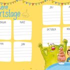 "Unsere Geburtstage" mit Monatsfeldern. Unten ein grünes Monster und zwei Kinder mit Geburtstagstorte.