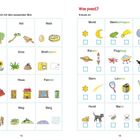 "Was passt? Verbinde jedes Wort mit dem passenden Bild." Zwei Seiten mit Illustrationen, Wörtern und Kontrollkästchen.